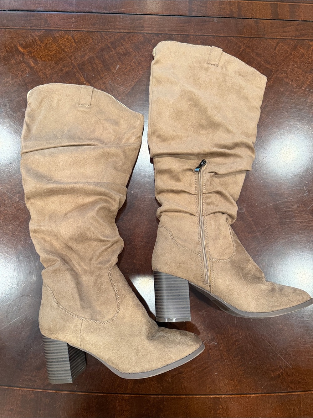 Journee Collection Tan Slouchy Mid-Calf Block Heel Boots